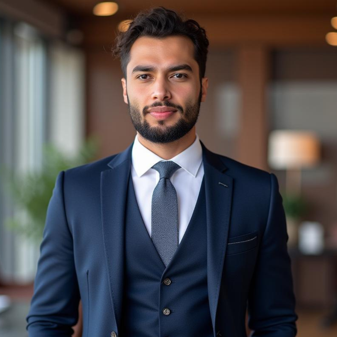 Professional headshot of Mo Barghouti in a navy blue suit and tie, standing in a modern office.