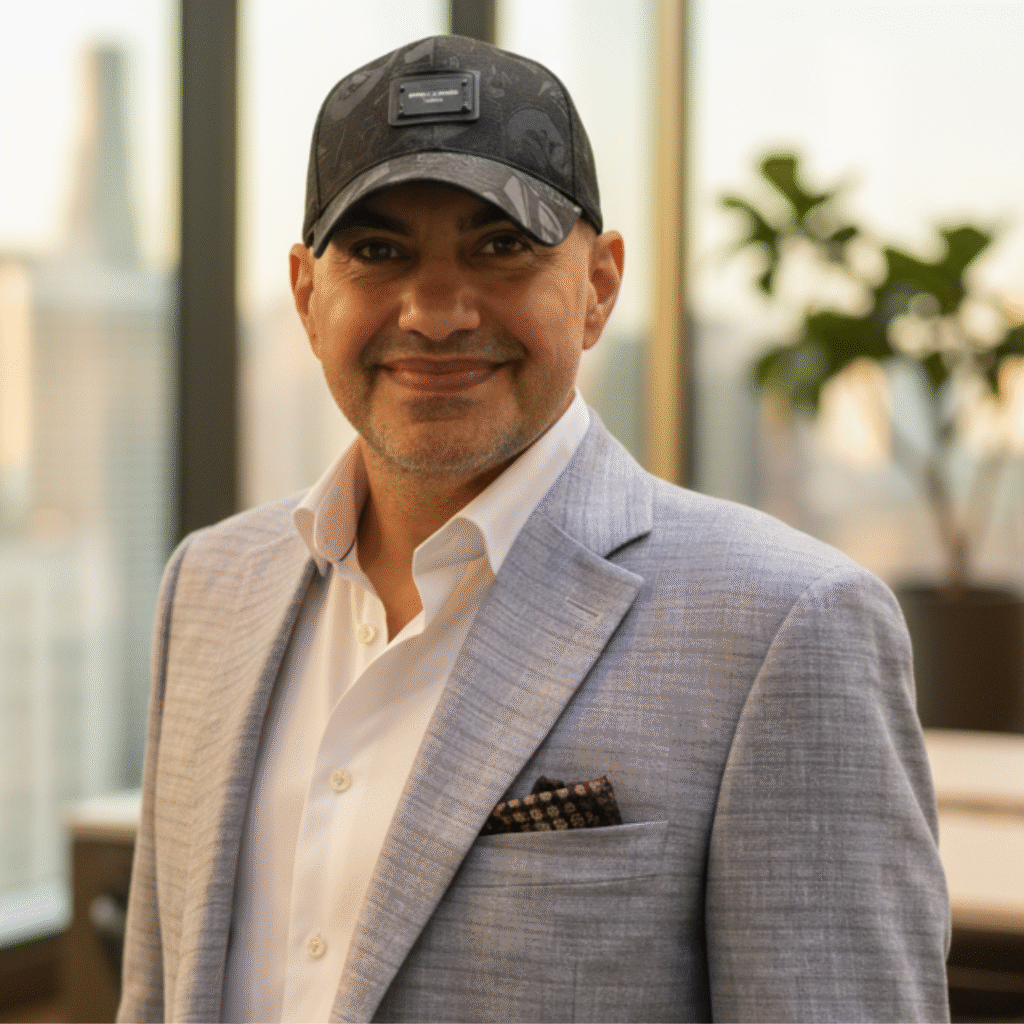Professional headshot of Yaser Khalaf wearing a light blazer, white shirt, and black cap, smiling in a high-rise office setting.