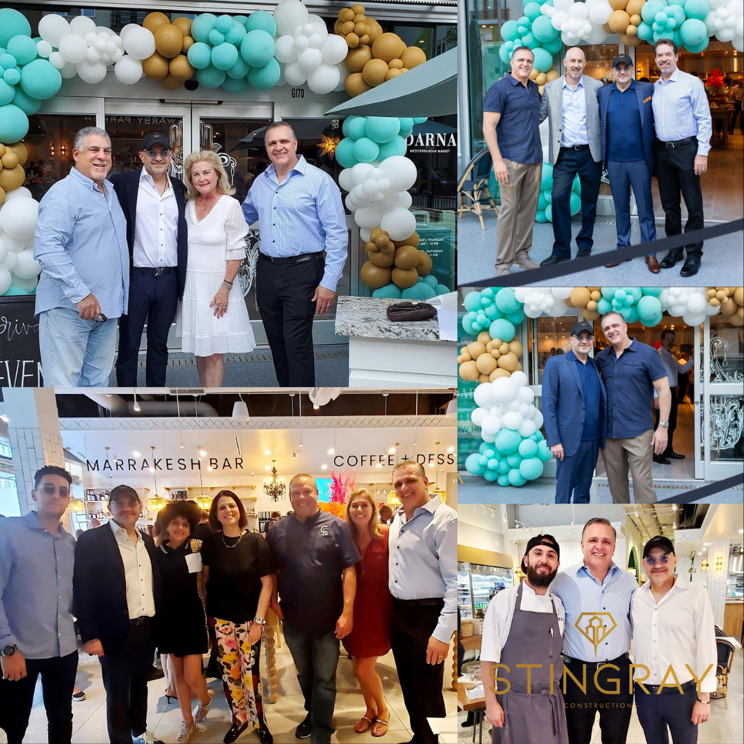 Group photo of Stingray Construction leaders and Darna partners at the restaurant’s grand opening event, with balloons in the background.