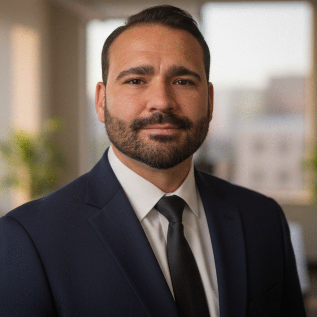Professional headshot of Marcello Polidori in a navy suit and black tie, standing in a softly lit office space.